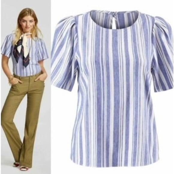 CABI stripe linen wing sleeve blouse 5343 womens Size Small coastal preppy - Picture 1 of 7